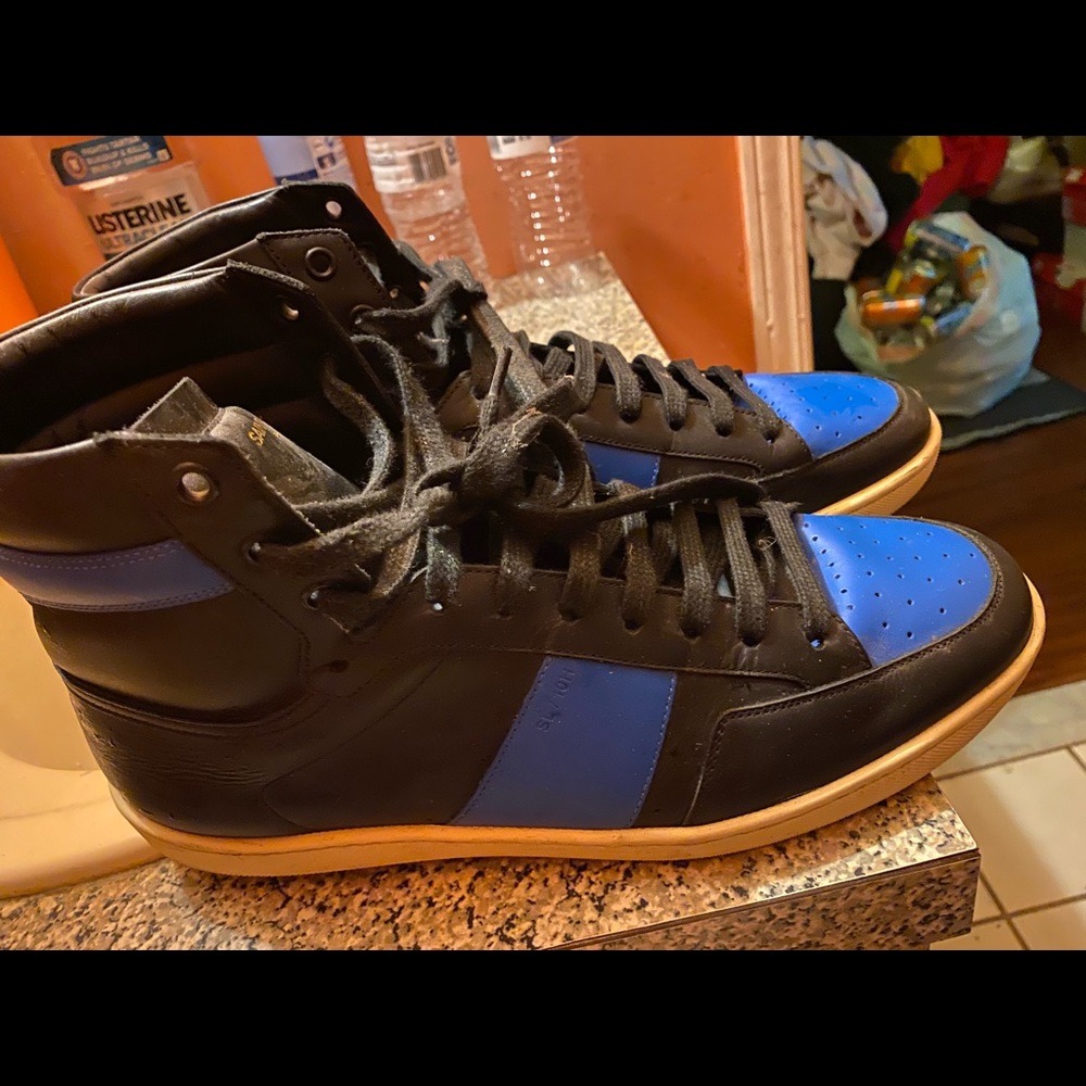 Saint Laurent Leather High-Top Sneaker, Black/Blue